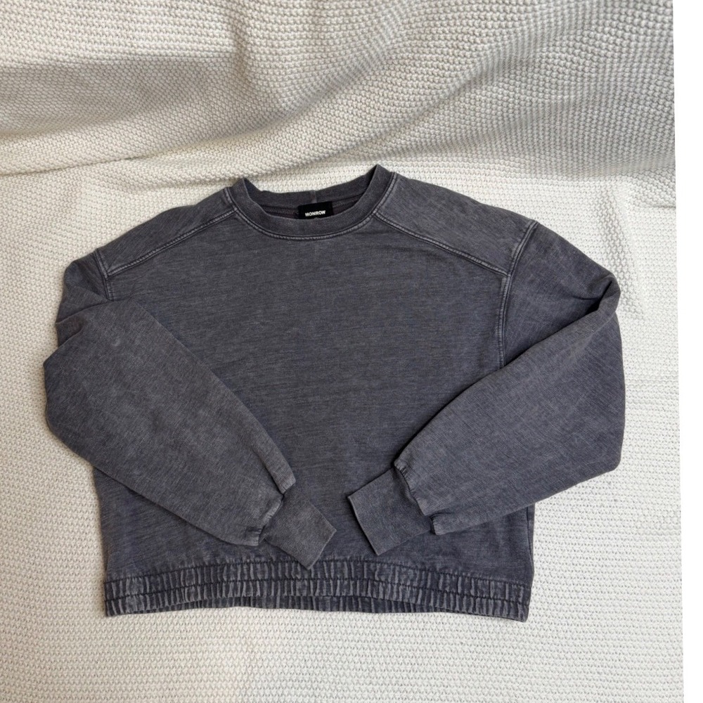Monrow Womens XS Gray Mineral Wash Cropped Elastic Waist Sweatshirt Made in USA